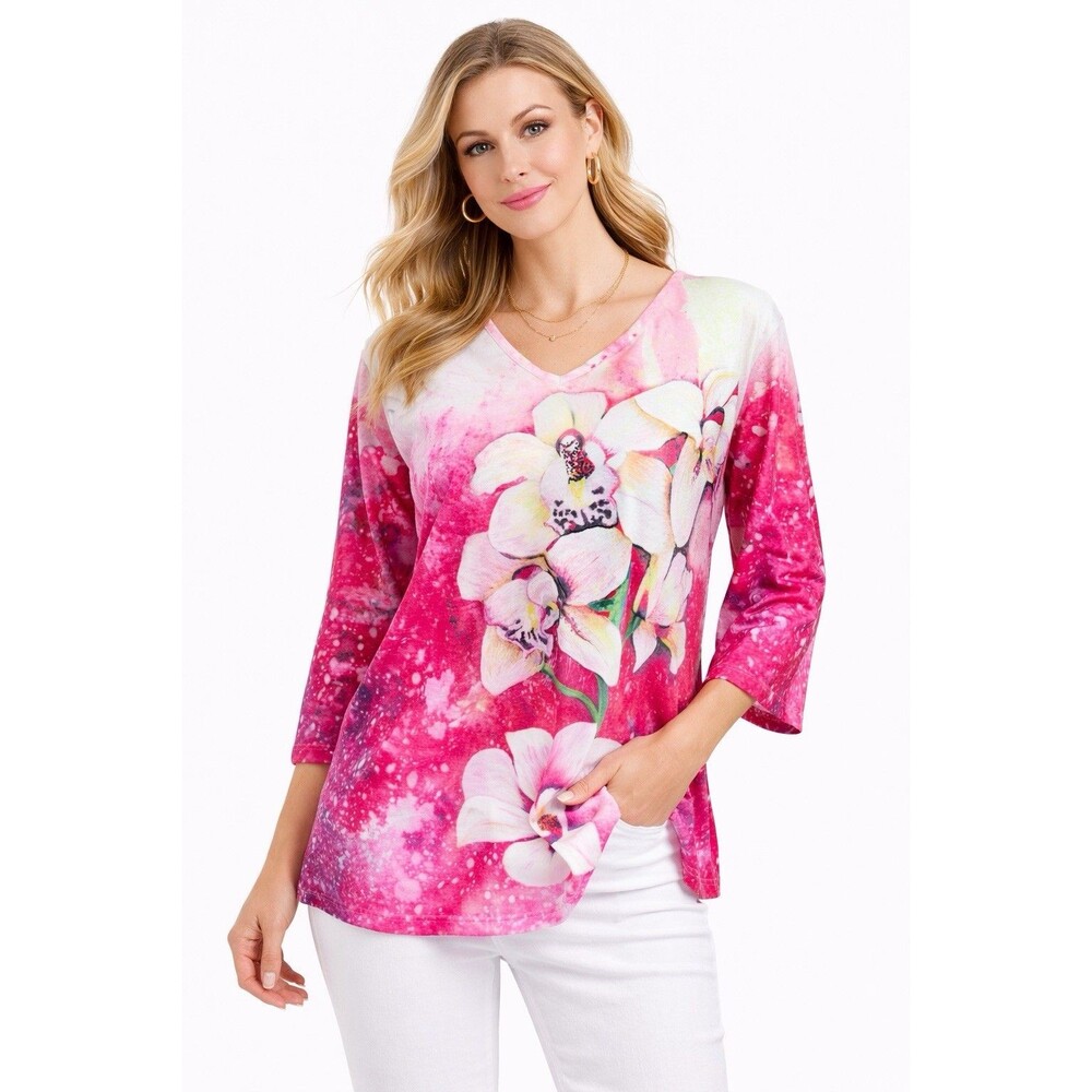 Sunshirt XL Pink Floral V Neck Top 3/4 Sleeve Made USA Orchid‎ Print